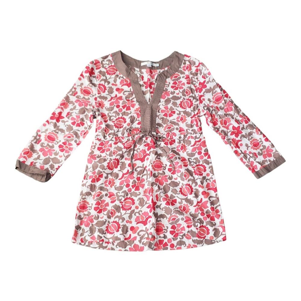 Boden Fall Festive Floral & Leaf Print V Neck 3/4 Sleeve Tie Waist Tunic Shirt